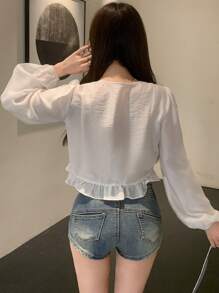 DAZY V-Neck Loose Lace Ruffle Patchwork Long Sleeve Blouse For Women Linen - White - View 5