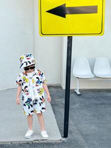 3 件装年轻男孩可爱休闲兔子短袖衬衫短裤渔夫帽三件套适合年轻男孩服装，适合年轻男孩服装。适合日常锻炼、上学、居家、日常穿着，适合日常使用，适合校服，适合旅行，适合运动，适合春夏季节。