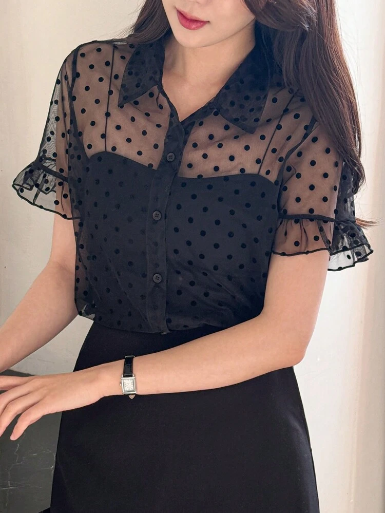 Women's Polka Dot Sheer Short Sleeve Blouse, Minimalist Fashion Casual For Daily Wear