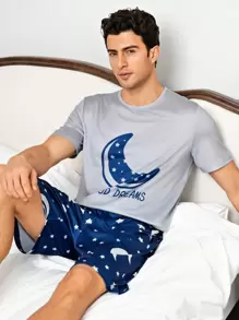 Men Moon Print Short Sleeve T-Shirt And Shorts Pajama Set - Multicolor - View 1