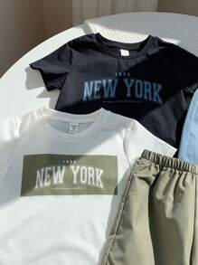 SHEIN Bộ 4 áo thun dệt kim cổ tròn tay ngắn in chữ thường ngày cho bé trai có túi và quần dệt cạp chun rộng rãi, 2 kiểu, thích hợp mặc đi học, làm vườn, đi biển, sinh nhật, xuân/hè/thu/đông - Nhiều màu - Xem 7