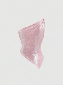 Sweetra 性感扭纹前部不对称肩部修身女式 T 恤，百搭街头时尚设计 - 粉色 - 查看 3