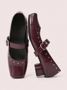 CUCCOO DOLLMOD Tacones altos con puntera cuadrada para mujer, tacones cilíndricos con tira cruzada, estilo clásico retro de Mary Jane - Burdeos - Ver 9