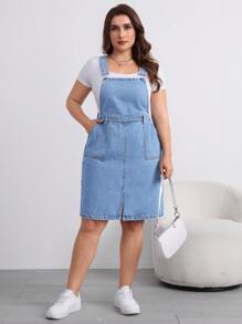 SHEIN Essnce Plus Size Casual Loose Denim Dungaree Dress With Adjustable Straps, Blue - Light Wash - View 6
