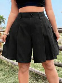 Rustia Pantalones cortos largos de color negro elegantes y sencillos para mujeres de talla grande, estilo de transporte