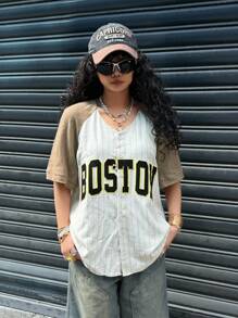 SHEIN EZwear Women's Spring And Summer For Festival Going Out Streetwear Vintage Letter Striped Graphics V-Neck Blouses