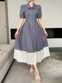 DAZY Vestido camisero de mujer midi con mangas abullonadas y bloques de color para usar al aire libre