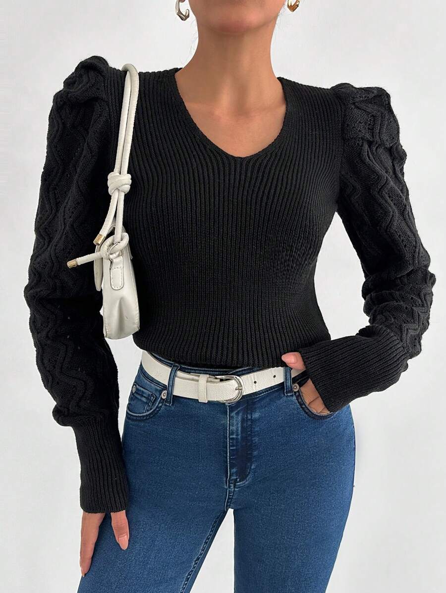 SHEIN Cottnline V-Neck Solid Color Puff Sleeve Knit Pullover Sweater - Black - View 1