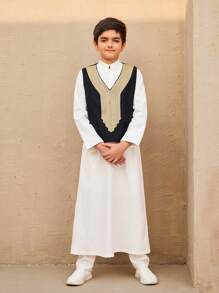 Tween Boys Patchwork Ribbon Vest And Long Sleeve Robe 2 Pieces Set - Multicolor - View 4