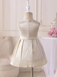 Glamorique Kids Baby Girl Elegant Sleeveless High-Low Jacquard Pleated Dress, Suitable For Party, Outing, Summer - Apricot - View 2