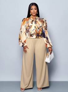 SOLERSUN "Plus Size Women's Fashion Bowknot Long Sleeve Shirt And Long Loose Wide Leg Pants Set For Everyday Casual Wear, Vacations, Picnics, Dates, Music Festivals, Valentine's Day, Graduation Season, Parties, Etc " Fall Cloth For Women - Apricot - View 5