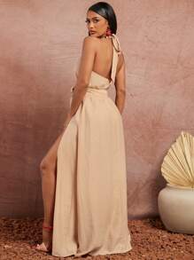 SHEIN SXY Mùa xuân/Hè Hẹn hò Ngày lễ tình nhân Đám cưới Trang phục kỳ nghỉ thanh lịch Trang phục sinh nhật cho phụ nữ Vải dệt giống vải lanh màu cam nhạt Xếp ly cao xẻ tà Cổ áo có dây đeo khoét rỗng Trang trí thắt lưng Váy xòe dài thêm Cổ áo có trang trí chuỗi hạt gỗ nhiều màu - màu nâu - Xem 4