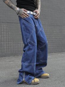 Manfinity Roghcode Men's Casual Straight Loose Fit Jeans With Pockets - Dark Wash - View 6