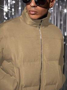 Manfinity VCAY Men's Fashionable Casual Everyday Luxurious PU Leather Fitted Long Sleeve Padded Coat, For Fall Winter - Khaki - View 2