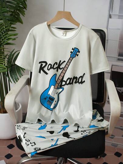 2pcs Teenage Boys Casual Outfit Grey Guitar Letter Printed Short Sleeve T-Shirt And Shorts Loungewear Set