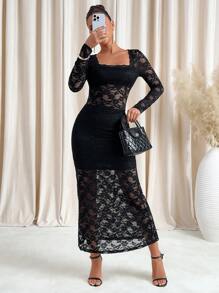 SHEIN Clasi Women Hollow Out Sexy Lace Textured Dress, Valentine's Day Outfit