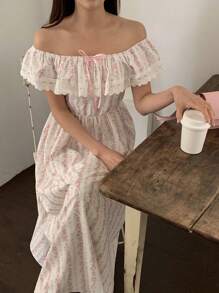 DAZY 女士长款方领碎花荷叶边无袖连衣裙，法式优雅夏季连衣裙，挤奶女工连衣裙，度假装扮，女士长款连衣裙 - 粉色 - 查看 1