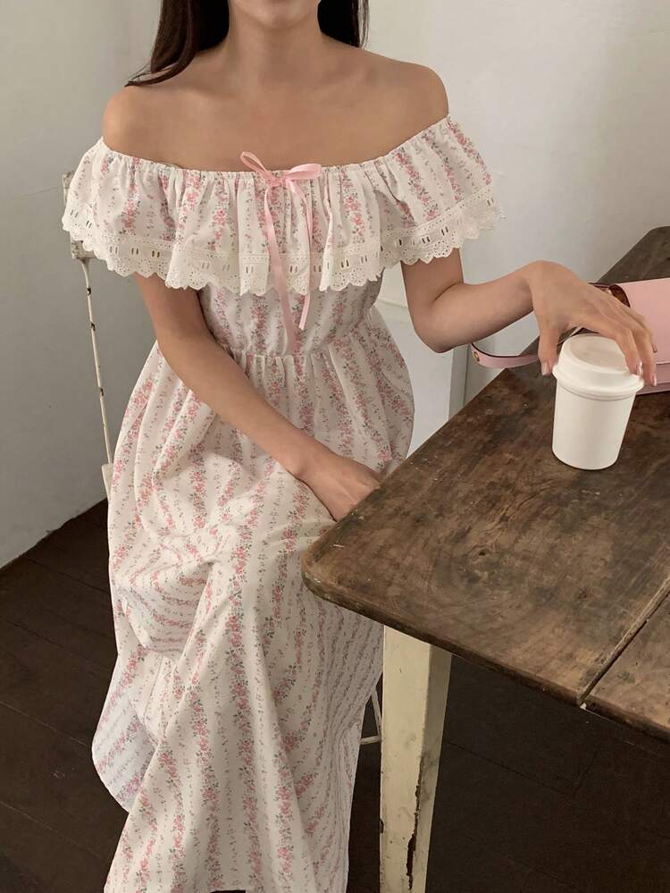 Women's Long Square Neck Ditsy Floral Ruffle Trim Sleeveless Dress, French Style Elegant Summer Dress,Milkmaid Dress Sundress Vacation Outfits Women Maxi Dress