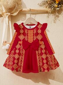 SHEIN Vestido de manga larga con estampado geométrico elegante para niña, de estilo dulce con lazo y estampado de dibujos animados, adecuado para otoño/invierno, combina con vestidos de Ramadán