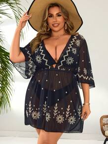 SHEIN Swim Curve Top caftan ample d'été pour femmes grandes tailles, imprimé placé, coupe décontractée - Noir et Blanc - Voir 1