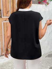 SHEIN Clasi Plus Size Women's Contrast Color Bowknot Neck Short Sleeve Blouse - Black and White - View 2