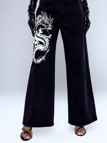 MUSERA Denim Oriental Dragon Print Low Rise Baggy Jeans, Spring 90's Y2k Cute Sexy - Black - View 2