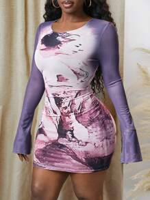 Slaydiva 春夏新款女士花卉印花网眼喇叭袖休闲连衣裙，适合情人节、狂欢节、农历新年、复活节、派对、约会、日常穿着、度假、巡游、海滩、日光浴、优雅、性感 - 彩色 - 查看 6