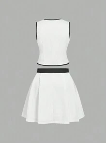 SHEIN MOD 大码女式白色和黑色装饰西装背心，褶皱 A 字裙，优雅商务套装，黑色带白边，褶皱裙春季套装 - 黑與白 - 查看 2