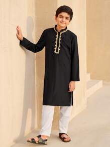 2pcs Tween Boy Lace Decor Half-Open Collar Long Shirt & Pants Set, Shirt With Side Slits For Easy Movement - Multicolor - View 7