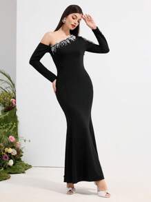 Modelyn 女士优雅串珠流苏装饰不对称领口鱼尾连衣裙 - 黑色 - 查看 10