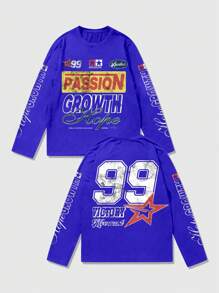 ROMWE MEN Prep Men's Letter Print Long Sleeve Baseball T-Shirt, Suitable For Everyday Wear, Spring/Summer - Blue - View 2