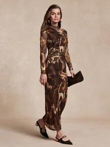 Chiquease Đầm suông thắt eo họa tiết đá cẩm thạch thường ngày cho nữ - màu nâu - Xem 1