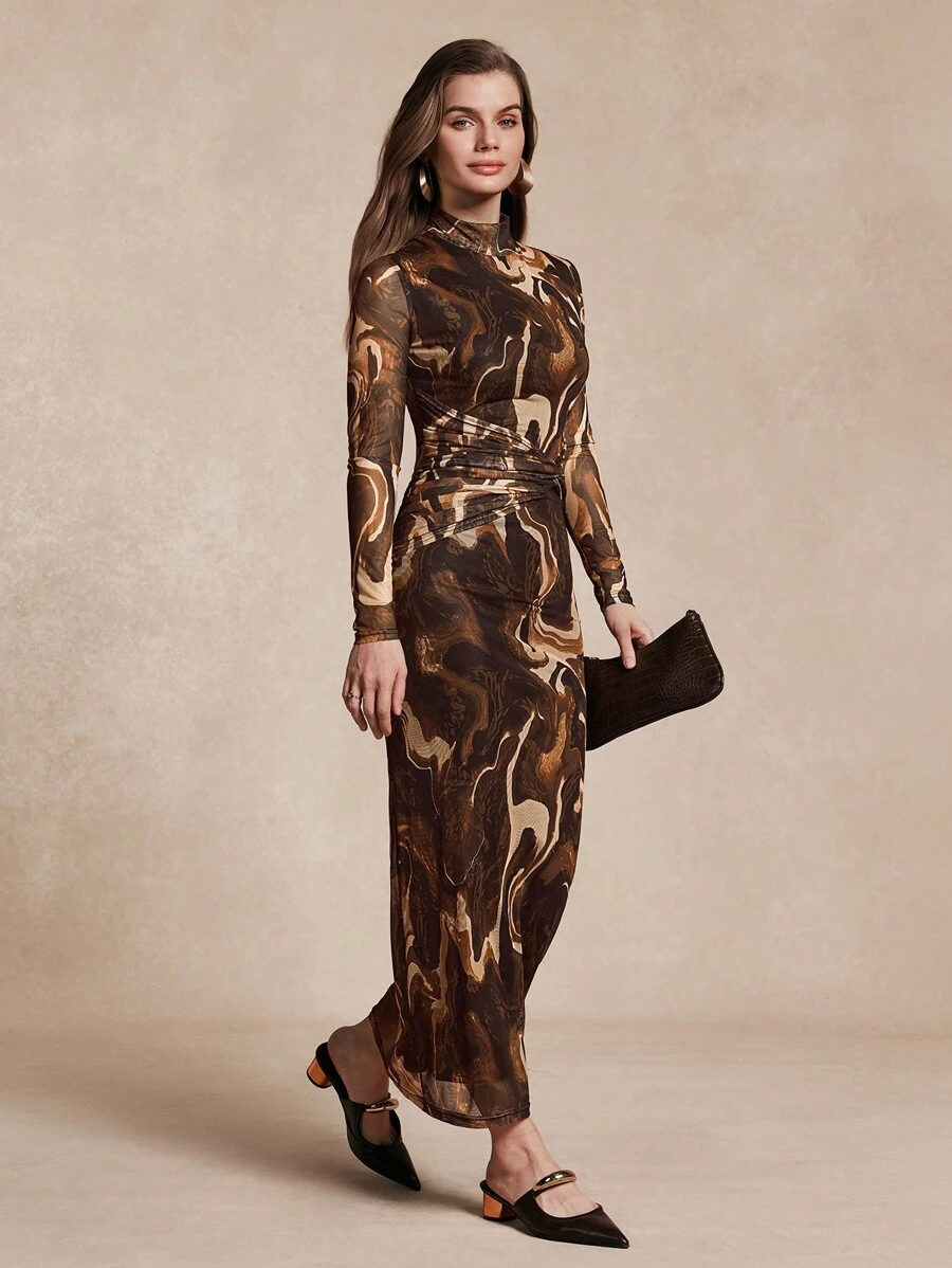 Chiquease Đầm suông thắt eo họa tiết đá cẩm thạch thường ngày cho nữ - màu nâu - Xem 1