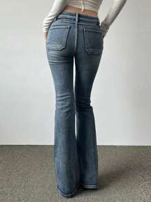 DAZY Women's Casual Distressed Slim Fit Flare Leg Jeans Low Rise Jeans - Medium Wash - View 1