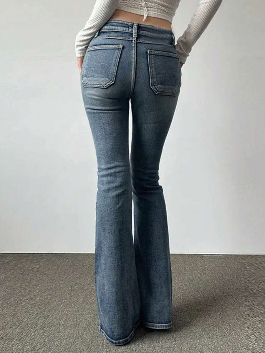 DAZY Women's Casual Distressed Slim Fit Flare Leg Jeans Low Rise Jeans - Medium Wash - View 1