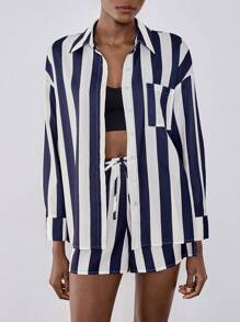 Chiquease Relaxed Holiday Style Blue Striped Shirt Top And Wide Leg Casual Pants Set, Blue & White Striped Shirt Loose Casual Shorts Set With Elastic Waist For Autumn Fall Cloth For Women