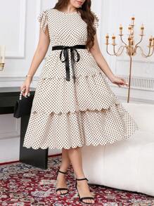 SHEIN Clasi Plus Size Women Elegant Polka Dot Print Round Neck Cap Sleeve Layered Ruffles Hem Romantic Cake Dress,Romantic Dresses,Summer Dresses For Women,Summer Outfits For Women,Wedding Guest Dress Women - Apricot - View 4