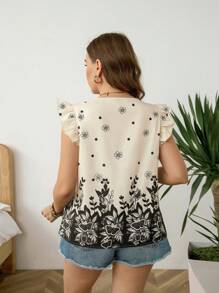 SHEIN LUNE 加大码女式花卉印花盖袖衬衫通勤简约复古钱色衬衫，浪漫优雅，度假装女士夏季服装女士夏季上衣 - 杏色 - 查看 2