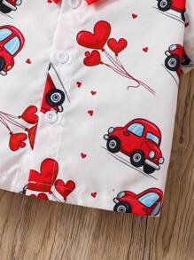 SHEIN 2 件装男婴情人节汽车图案绅士蝴蝶结 Polo 衫和背带短裤套装，适合夏季，适合情人节派对、户外活动、舒适居家休闲、运动郊游、度假和旅行、情人节服装、情人节服装、儿童服装、幼儿服装、婴儿服装，6M-3T - 紅色 - 查看 7