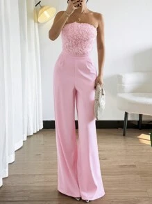 Chiquease Bộ đồ liền thân hở lưng họa tiết hoa 3D thanh lịch dành cho nữ - Hồng - Xem 3