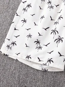 SHEIN Teen Boys White Printed Beach Shorts/Swim Trunks, Perfect For Beach Party, Music Festival, Summer Swimming, Surfing, And Spa