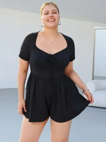 SHEIN EZwear Plus Size Spring Vacation Casual Solid Color Elastic Romper - Black - View 5