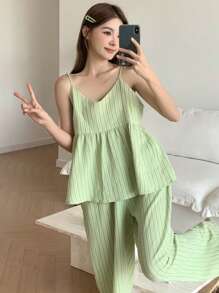 DAZY Women's Striped Camisole And Straight Pajama Pants Sleepwear Set - Green - View 4