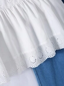 青少年女孩休闲日常圆领长袖纯色刺绣衬衫和松紧腰喇叭腿牛仔裤春季服装 - 白色 - 查看 7