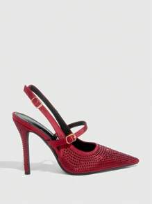 CUCCOO SZL Tacones de aguja con correa de tobillo y brillos completos de color rojo vino, de tacón alto y puntera puntiaguda, para fiesta y uso sexy para mujeres