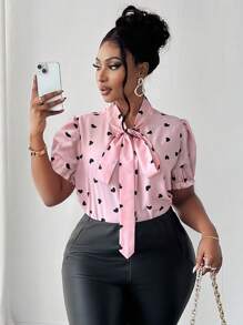 Maweii Plus Size Elegant Heart Print Tie Neck Puff Sleeve Blouse - Pink - View 2