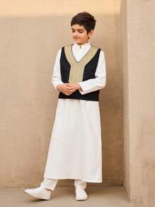 Tween Boys Patchwork Ribbon Vest And Long Sleeve Robe 2 Pieces Set - Multicolor - View 5