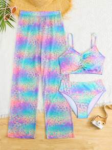 Teen Girls Swimwear Set Colorful Leopard Print Adjustable Straps Top & Mesh Floral Long Pants - Multicolor - View 3