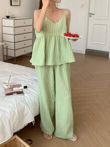 DAZY Women's Striped Camisole And Straight Pajama Pants Sleepwear Set - Green - View 9