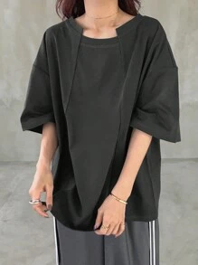 FRIFUL 女士圆领纯色短袖宽松T恤，休闲日常穿着超大T恤 - 灰色 - 查看 2